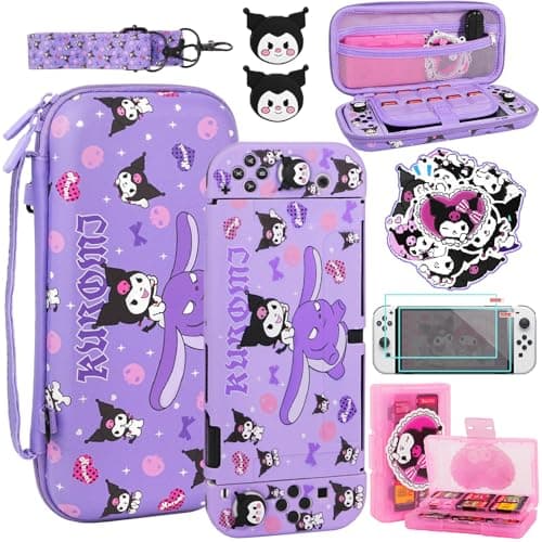TIKOdirect Carrying Case for Switch OLED Cute Portable Travel Bag in Lovely Pattern Design of Purple Interior with Soft Protective Case Screen Protectors and Thumb Grip caps Purple