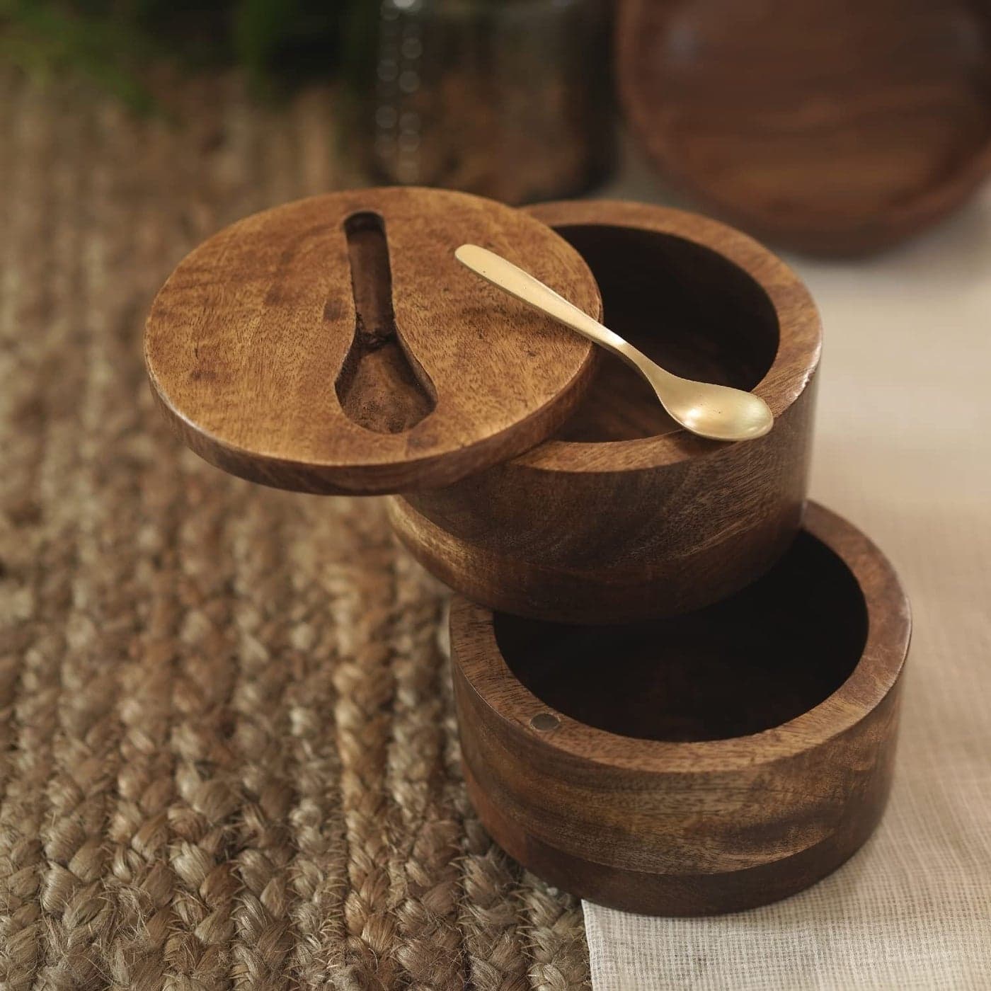 Courtyard Mango Wood Magnetic Fitting Cast Brass Spoon Agaja Swivel Container with Embedded Brass SpoonBrown Gold100 G
