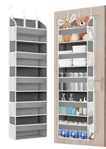 TAHAVICE 1 Pack Over The Door Storage Organizer with 5 Pockets 10 Mesh Side Pockets, 44 lbs Weight Capacity Door Hanging Organizers and Storage for Bedroom,Bathroom,Nursery,Pantry,Dorm(Light Gray)