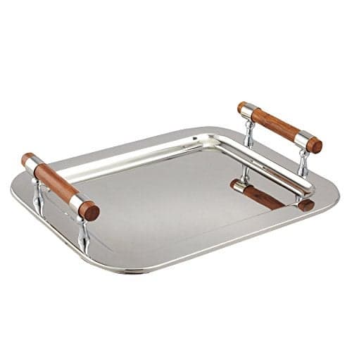Elegance Stainless Steel Rectangular Tray with Wood Handles, 16.5 by 13-Inch, Silver
