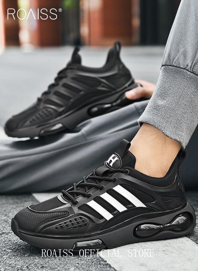 Casual Outdoor Sneakers for Men Breathable Non Slip Lace Up Mesh Running Shoes Mens Lightweight Soft Elastic Sole Athletic Sneaker Trendy Versatile Youth Walking Footwear Black White