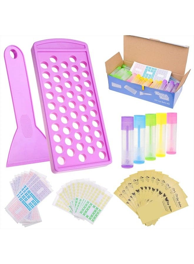 Lip Balm Crafting Kit - Easy Lip Balm Filling Tray and Spatula - 50 Empty Lip Balm Tubes with Caps (10x5 colors) - 3/16 Oz (5.5 ml) - 100 Stickers