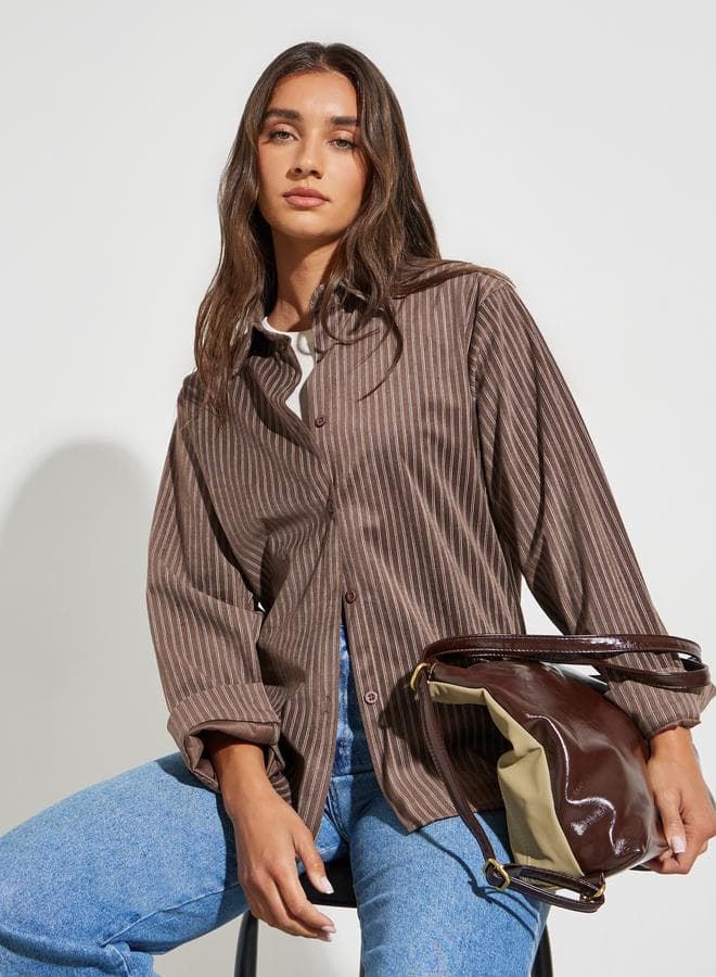 Brown Striped Long Sleeve Oversized Shirt — L
