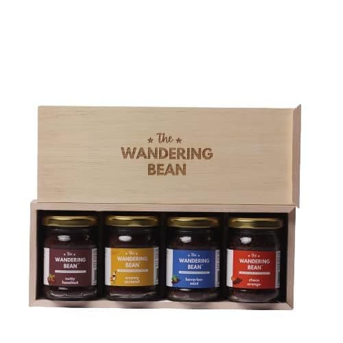 The Wandering Bean Coffee Hamper, Assorted Flavoured Coffees Set of 4 (Hazelnut, French Vanilla, Creamy Caramel, Tropical Coconut, 40g X 4 Jars) Gift Festive- Best Gift Hamper