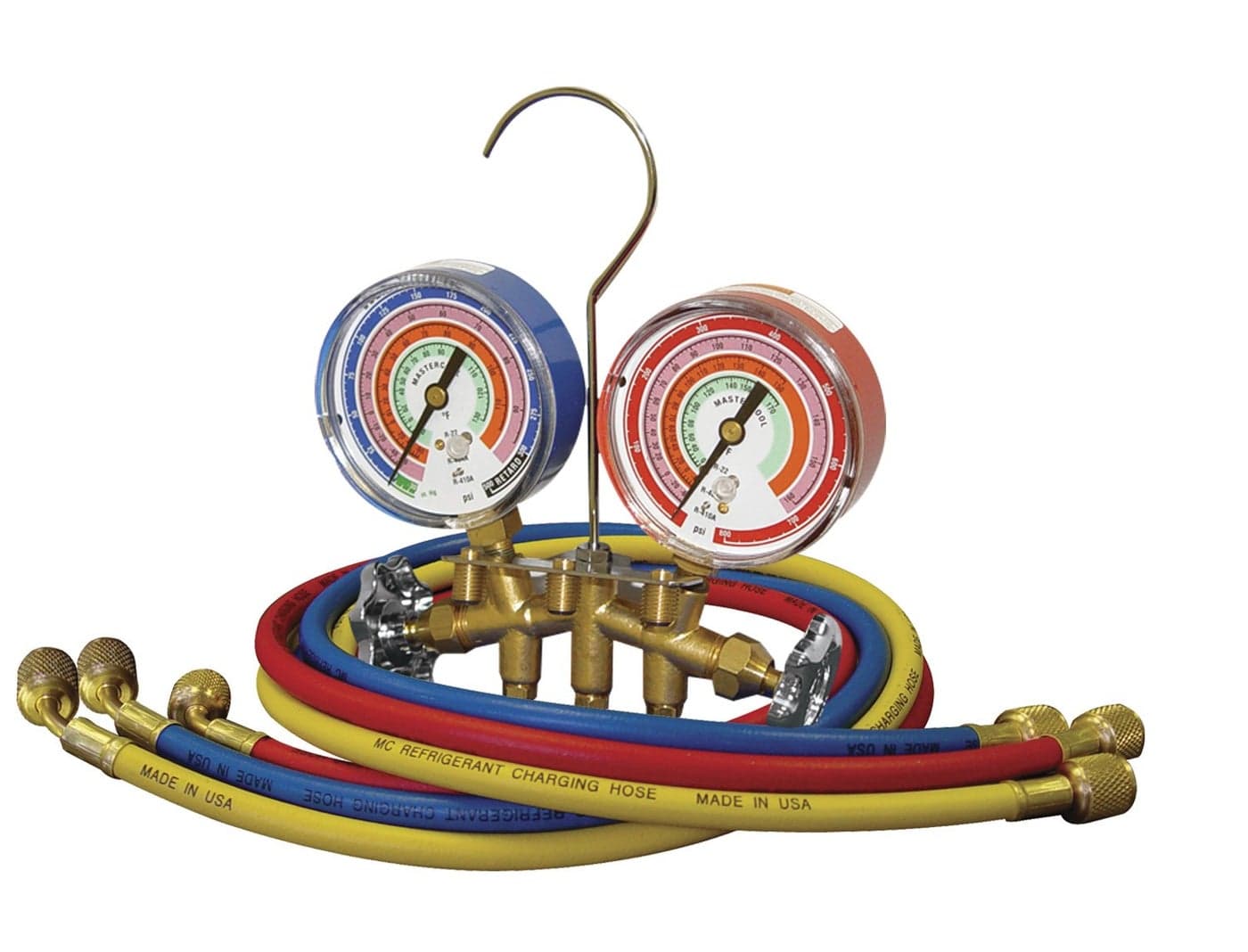 Mastercool 59136 2-Way Heavy Duty Brass Manifold Gauge Set with 3 1/8" Silicone-Dampened Gauges and 1/4" SAE Fittings for R410a, R22, R404A - U.S. Assembled & Tested with 36" Hoses