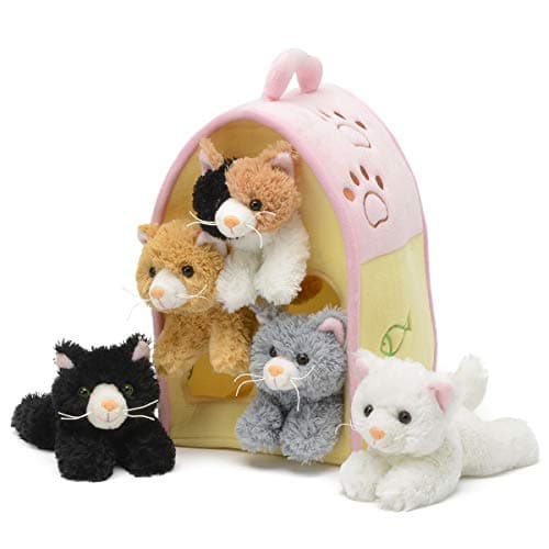 Plush Cat House with Cats Five 5 Stuffed Animal Cats in Play Kitten House Carrying Case