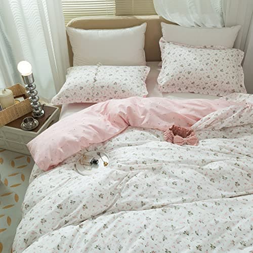 LifeTB Garden Style Duvet Cover Floral Print Bedding Sets King Pink White Floral Comforter Cover Cotton Chic Flower Print Duvet Cover for Girl Women Boho Floral Duvet Cover with Zipper Closure 4 Ties