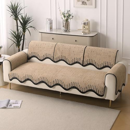 HOKIPO Complete Sofa Cover Set (Seat+Back+Arm) for 3 Seater Sofa | Luxury Supple Soft Wavy Mat with Anti Slip Backing, Brown (AR-5976+5971 * 2+6217 * 3-BRN)