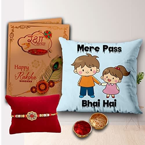 AWANI TRENDS Rakhi Gift for Brother Best Bro Ever Printed Cushion Cover (12x12 Inch) with Cushion and Greeting Card Rakhi & Roli Set-Rakshabandhan Gift for Bhaiya