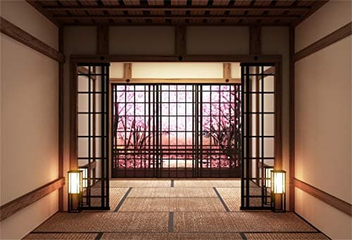 Laeacco 10x8ft Japanese Style Empty Lobby Interior Blooming Trees Vinyl Photography Background Japan Traditional Residence Backdrop Indoor Decoration Wallpaper Studio Photo Props