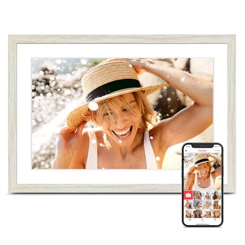 10.1 Inch Digital Picture Frame, 32GB Frameo Digital Frame WiFi, Digital Photo Frame 1280x800 HD Touch Screen, WiFi for Instant Sharing, Auto-Rotate, Wall Mountable, Gifts for Women, White Woodgrain
