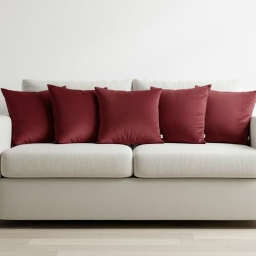 HOMEMONDE Velvet Cushion Covers Set of 5-24x24 Inch Decorative Pillow Cover for Sofa, Couch, Chair, Dark Red
