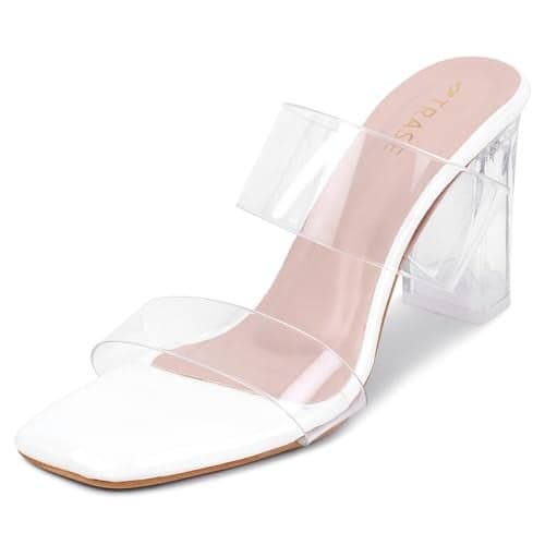 TRASE Transparent Double Strap Block Heels for Women Stylish | Fashionable Heel Sandals for Girls | Elegant & Formal Footwear (White, 3 UK)
