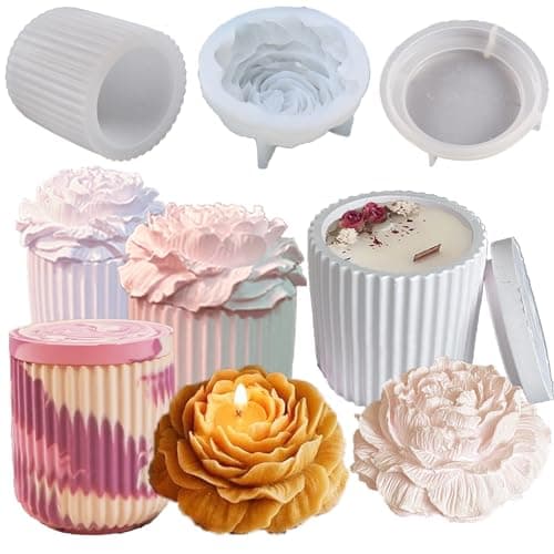 Striped Candle Jar Mold with Lid - Silicone Cement Peony Flower Soap Mold - Concrete Plaster Molds for Lids - Vessels for Candle Making