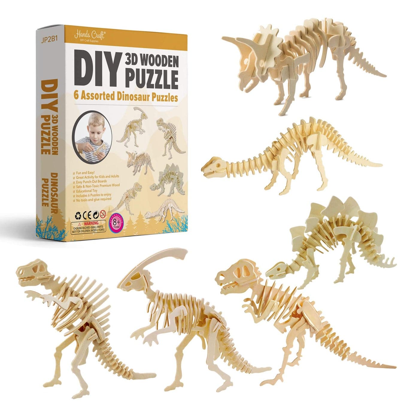 Hands Craft DIY 3D Wooden Puzzle 6 Assorted Dinosaur Bundle Pack Set Brain Teaser Puzzles Educational STEM Toy Adults and Kids to Build Safe and NonToxic Easy Punch Out Premium Wood JP2B1