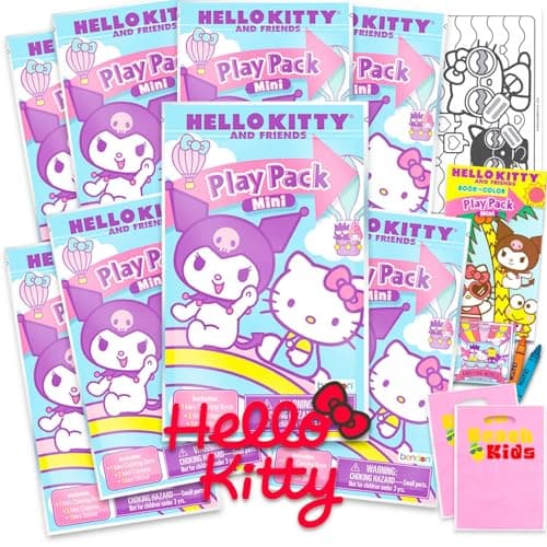 8 Pc Hello Kitty and Friends Mini Party Favors Set Bundle 8 Play Packs with Mini Coloring Books Stickers and Goodie Bags My Melody Kuromi Birthday Party Supplies Decorations