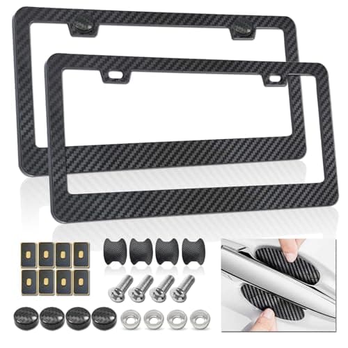 Carbon Fiber License Plate Frames Black Plastic Car Tag Holder 2 Pack 2 Hole Front Rear Bracket with Screw Caps and Car Door Handle Stickers