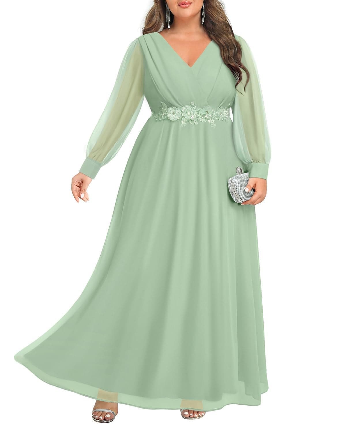 Pinup Fashion Women Plus Size Bridesmaid Dresses Sage Green Long Sleeve Evening Chiffon Elegant Wrap V Neck Ruched ALine Maxi Dress
