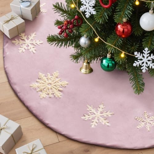Lanpn Christmas Tree Skirt 24 inch, Velet Xmas Tree Skirt with Embroidery Snowflake Winter Christmas Tree Mat for Small mini Silm Pencil Tree Winter Holiday Indoor Xmas Decor (Pink, 60cm)
