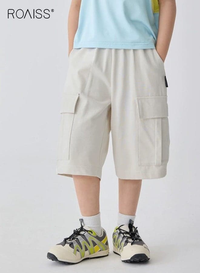 Boys Summer Cargo Pants, Elastic Waist Fifth Pants with Pockets, Moisture-wicking Quick-drying Middle Trousers, Casual Versatile Slacks for Boys, Suitable for Daily Wear and Outdoor Activities