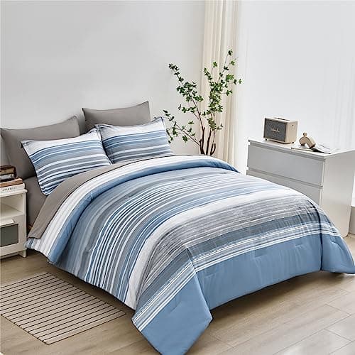 KAKIJUMN 7 Piece Bed in a Bag Stripe Comforter Set Queen Size, White Grey Blue Patchwork Striped Comforter and Sheet Set, All Season Soft Microfiber Complete Bedding Set(Light Blue,Queen)
