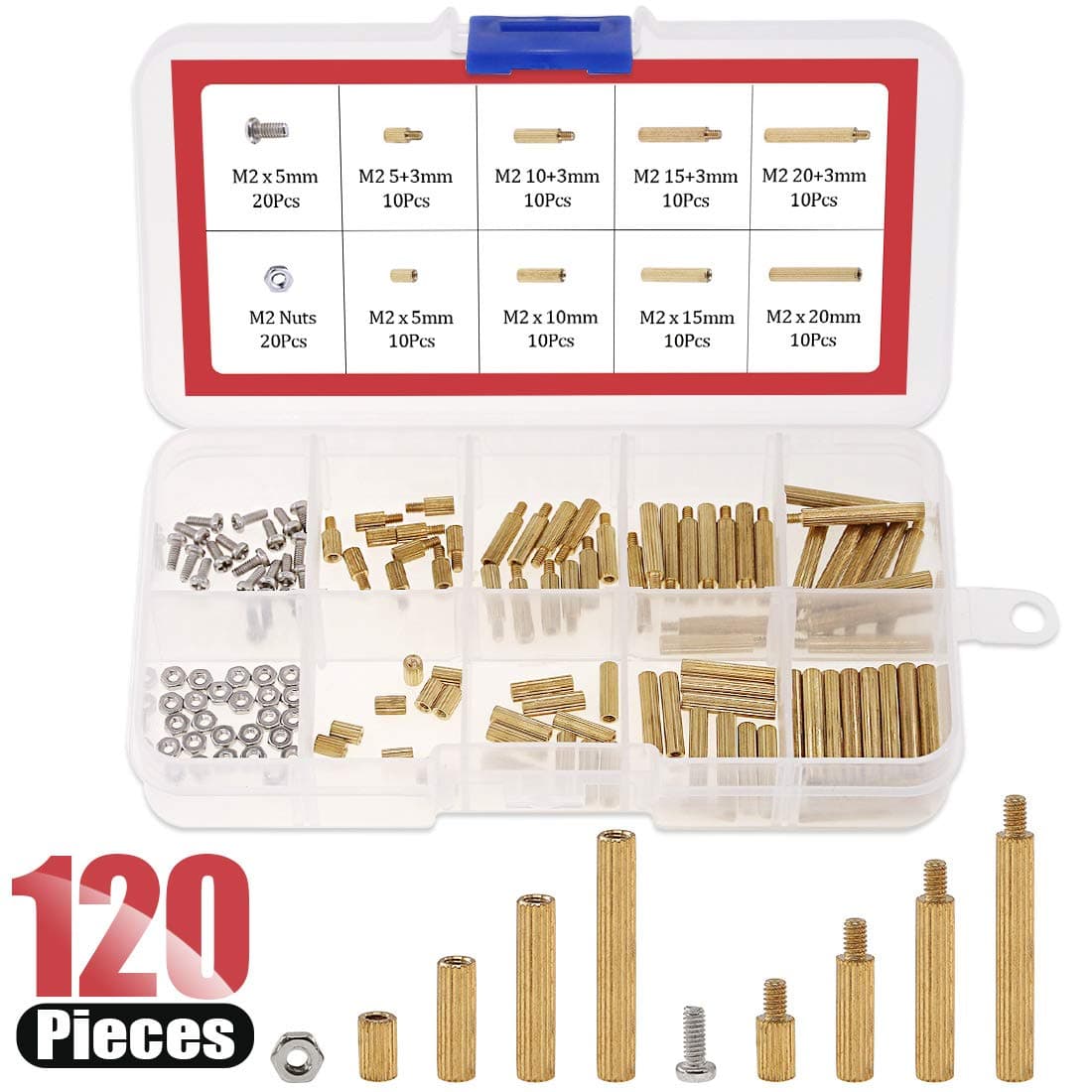 Hilitchi 120pcs M2 Male Female Brass Spacer Standoff Screw Nut Assortment KitBrass M2