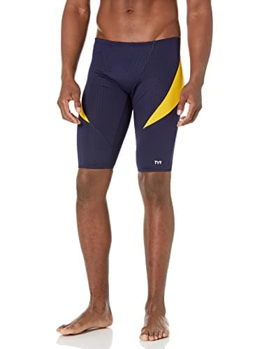 TYR Men's Hexa Curve Splice Jammer Swimsuit, Navy/Gold, 28