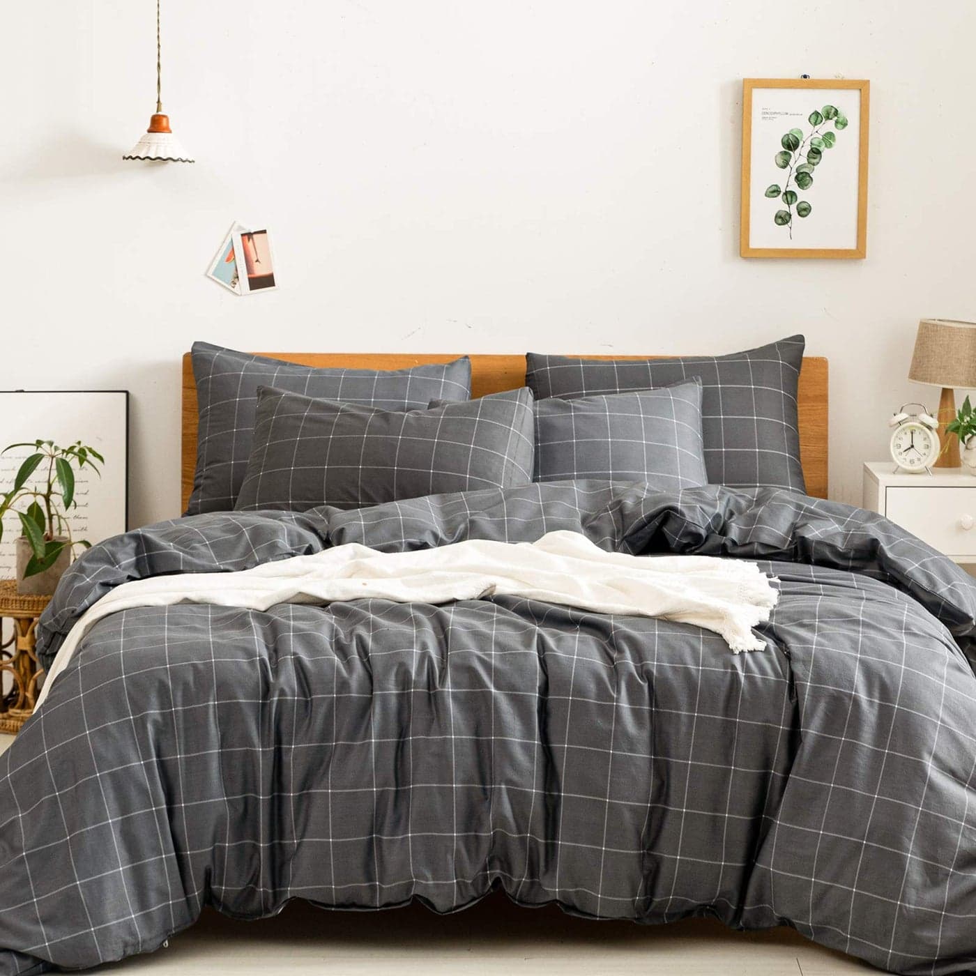 JELLYMONI 100 Natural Cotton 3pcs Plaid Duvet Cover Sets Black with White Grid Geometric Pattern Printed Comforter Coverwith Zipper Closure Corner TiesKing Size