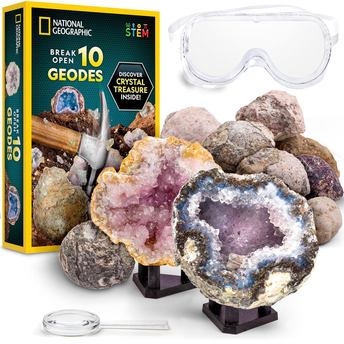 NATIONAL GEOGRAPHIC Break Open 10 Premium Geodes – includes Goggles and 2 Display Stands - Great STEM Science Kit, Geology Gift for Kids, Break Your Own Geodes with Crystals, Toys for Boys and Girls