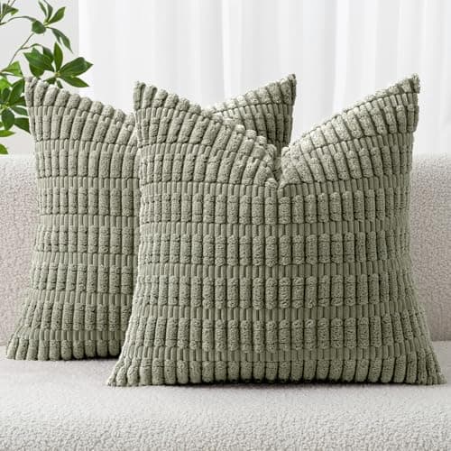 MIULEE Pack of 2 Corduroy Decorative Throw Pillow Covers 18x18 Inch Soft Boho Striped Pillow Covers Modern Farmhouse Home Decor for Summer Sofa Living Room Couch Bed Light Olive Green