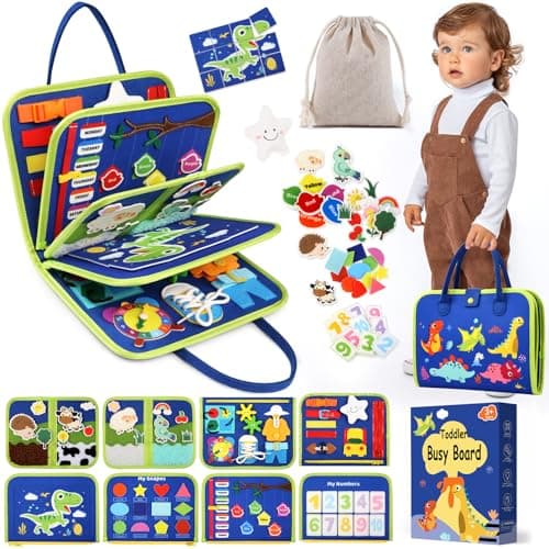 Toddler Sensory Busy Board Travel Toy Activity Book for Girls Boys Motor Skill Development Gift for Baby Aged 34 Years Fine Educational Preschool Montessori Learning Toy for Car Airplane Dinosaur