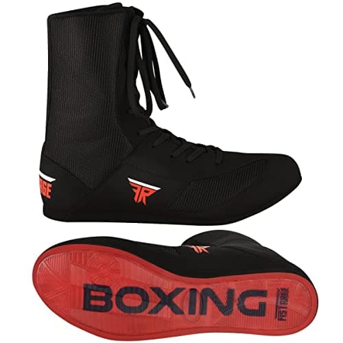 FISTRAGE Leather Kick Boxing Shoes Fighting Sports Master Training Mesh Unisex Pro Men's and Youth Genuine Boot Light Weight | Black Color Boxing Shoes for Adults (Black High-Top, 42)