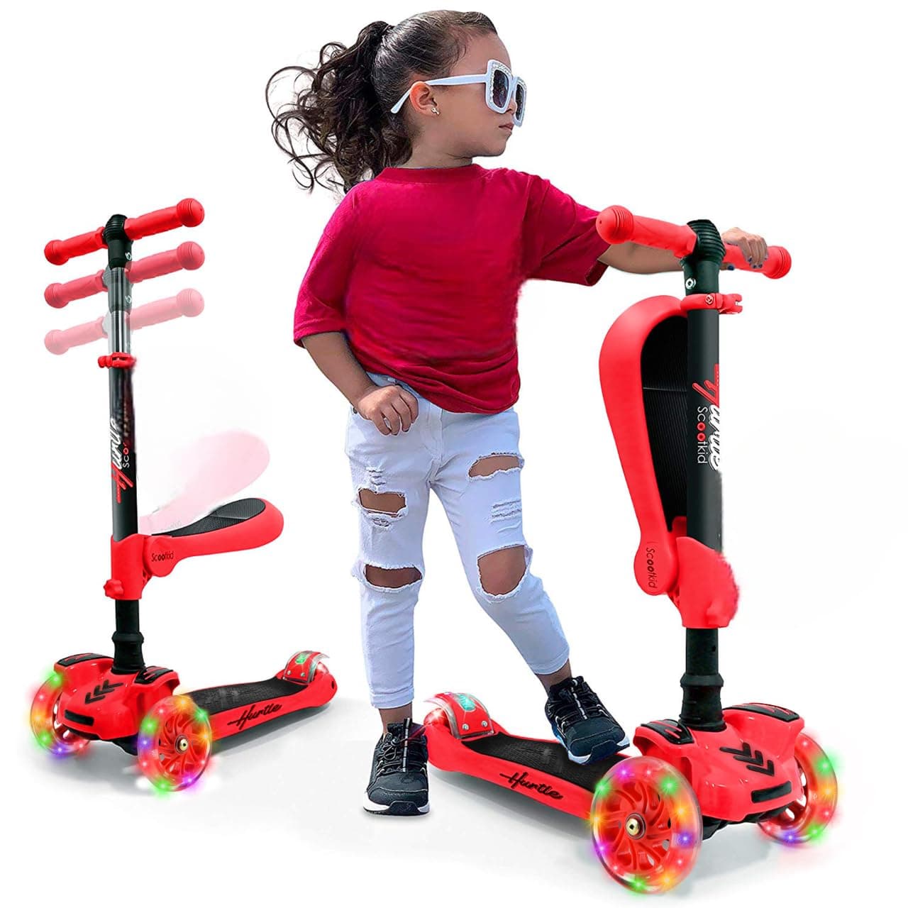 Hurtle Kids Scooter - Child Toddler Kick Scooter Toy with Foldable Seat - 3 Wheel Scooter with Adjustable Height, Anti-Slip Deck, Flashing Wheel Lights, for Boys/Girls 1-12 Year Old, Red
