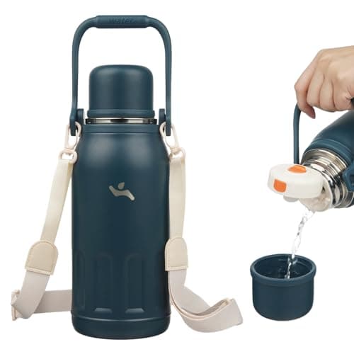 Insulated Water Bottle with Handle and StrapVacuum Travel Tumbler with Cup LidThermo Coffee Cup for Hot Cold Drinks 40 OZNavy Blue