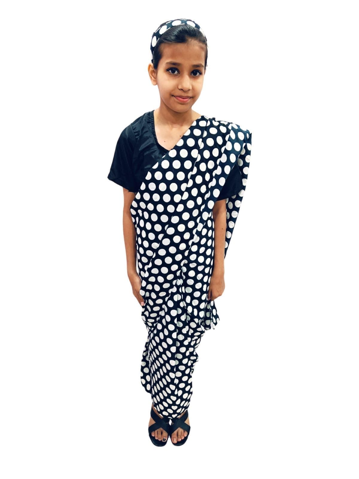BookMyCostume Black Retro Polka Dot Saree Costume for Girls | Ready-to-Wear Saree with Blouse & Hairband | 70s Bollywood Fancy Dress for Theme Parties & School Functions 5-6 Years