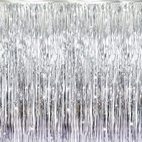 GOER 3.2 ft x 8.2 ft Metallic Tinsel Foil Fringe Curtains Party Photo Backdrop Party Streamers for Birthday,Graduation,New Year Eve Decorations Wedding Decor (Silver,1 Pack)