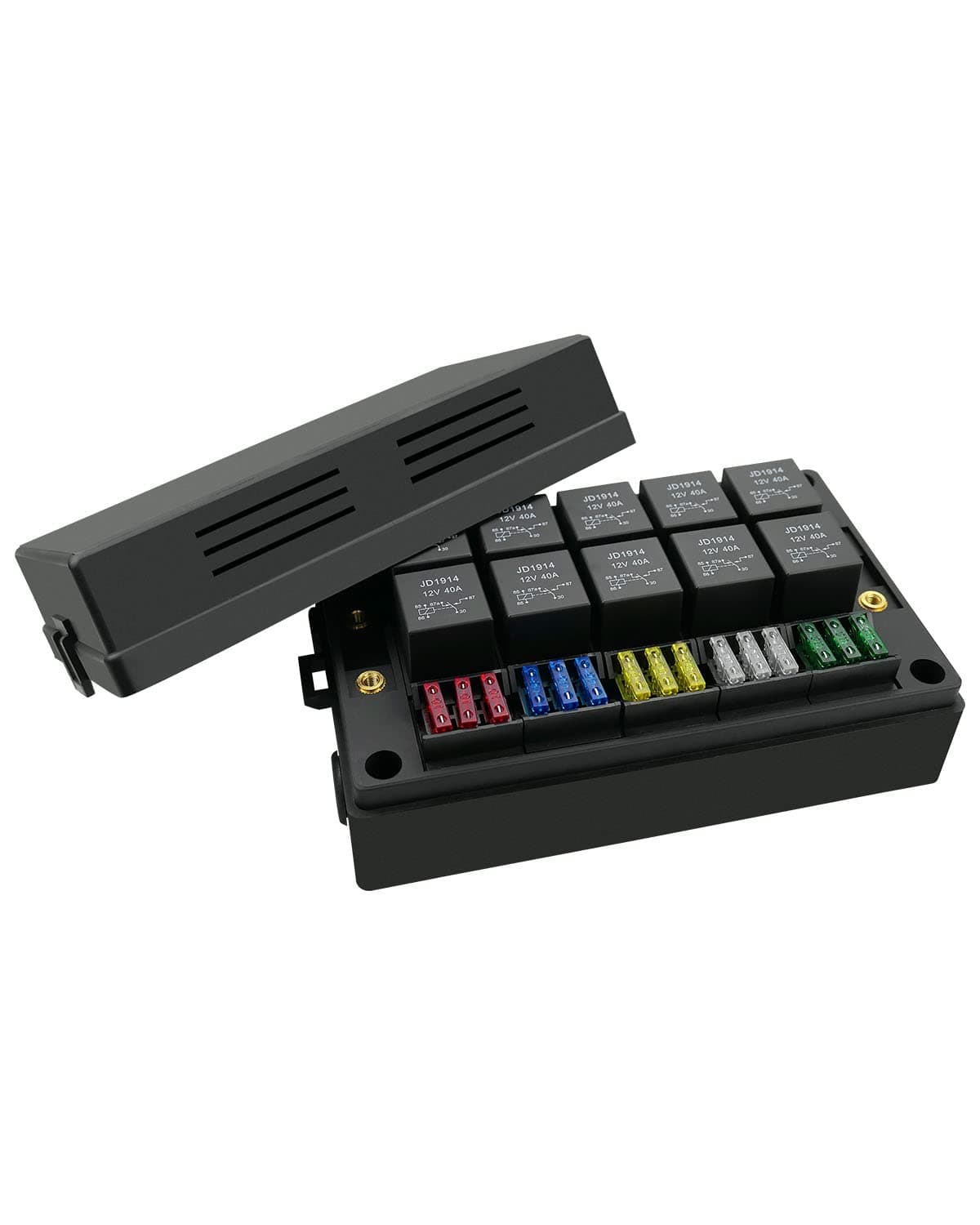 12V Fuse Relay Box with 15 Fuse & 10 Relay & Terminals, 15 Fuse Slots and 10 4/5 Pin Relay Slots, Universal Relay Fuse Holder for Automotive Car Truck Marine Boat