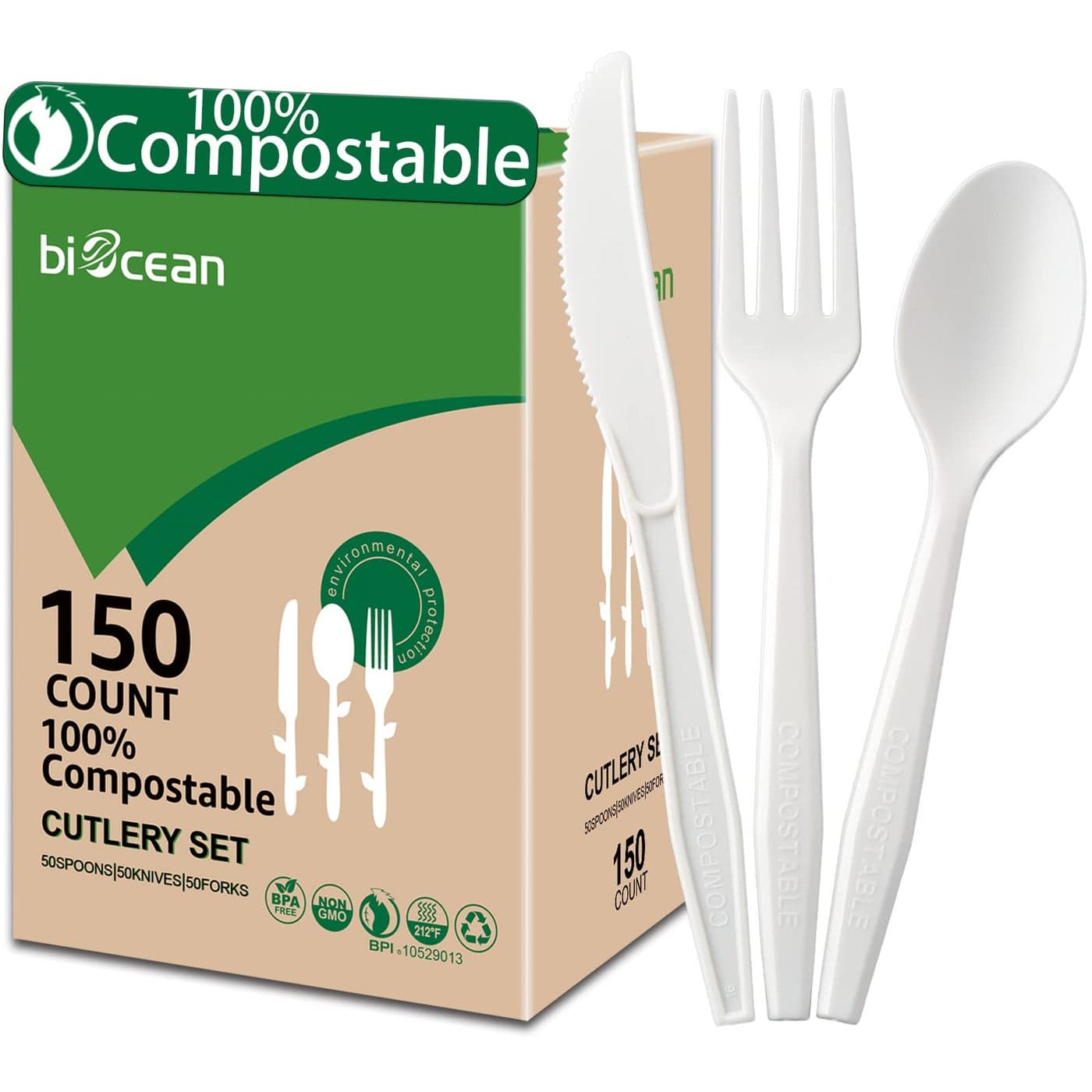 BIOCEAN 100 Compostable No Plastic Knives Forks Spoons Utensils The Heavyweight Heavy Duty Flatware is Eco Friendly Products for Lounge Party Wedding BBQ Picnic Camping