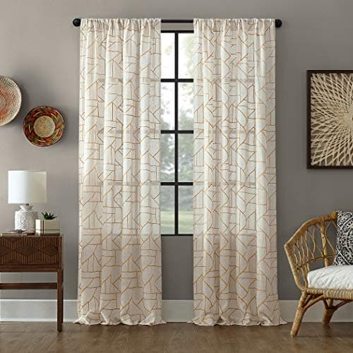 Archaeo Fragmented Geometric Embroidery Mid-Century Modern Natural Linen Blend Curtain, 50" x 95", Gold/Linen