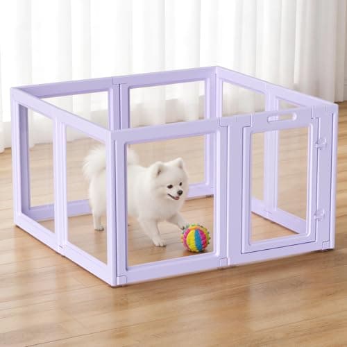 LoveTail DIY Clear Acrylic Dog Playpen House,Quick Easy Assembly and Disassembly,Strong Floor Suction,Indoor and Outdoor Use,Easy Cleansing Puppy Fence (Purple, 23.6" H, 8PCS)