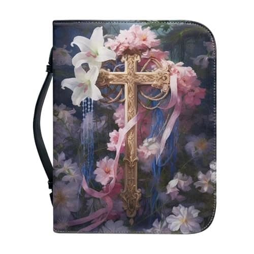 Psesaysky Cross Flower Bible Covers for Women Large Size PU Leather Bible Carrying Case MultiPurpose Bible Tote Bag with Handle Easy to Store