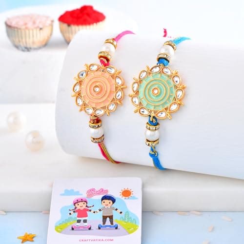 CraftVatika Set of 2 Kundan Rakhi Combo for Unisex AdultRaksha Bandhan Gift Band with Fridge Magnet Moli Bracelet Stone Rakhi for Bhai Rakhi Gift