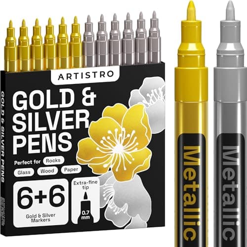 ARTISTRO 12 Oilbased Gold Silver Paint Pens 07mm ExtraFine Markers for Tire Wood Rock Fabric Glass Ceramic Metal Plastic and More Quick Dry Waterproof
