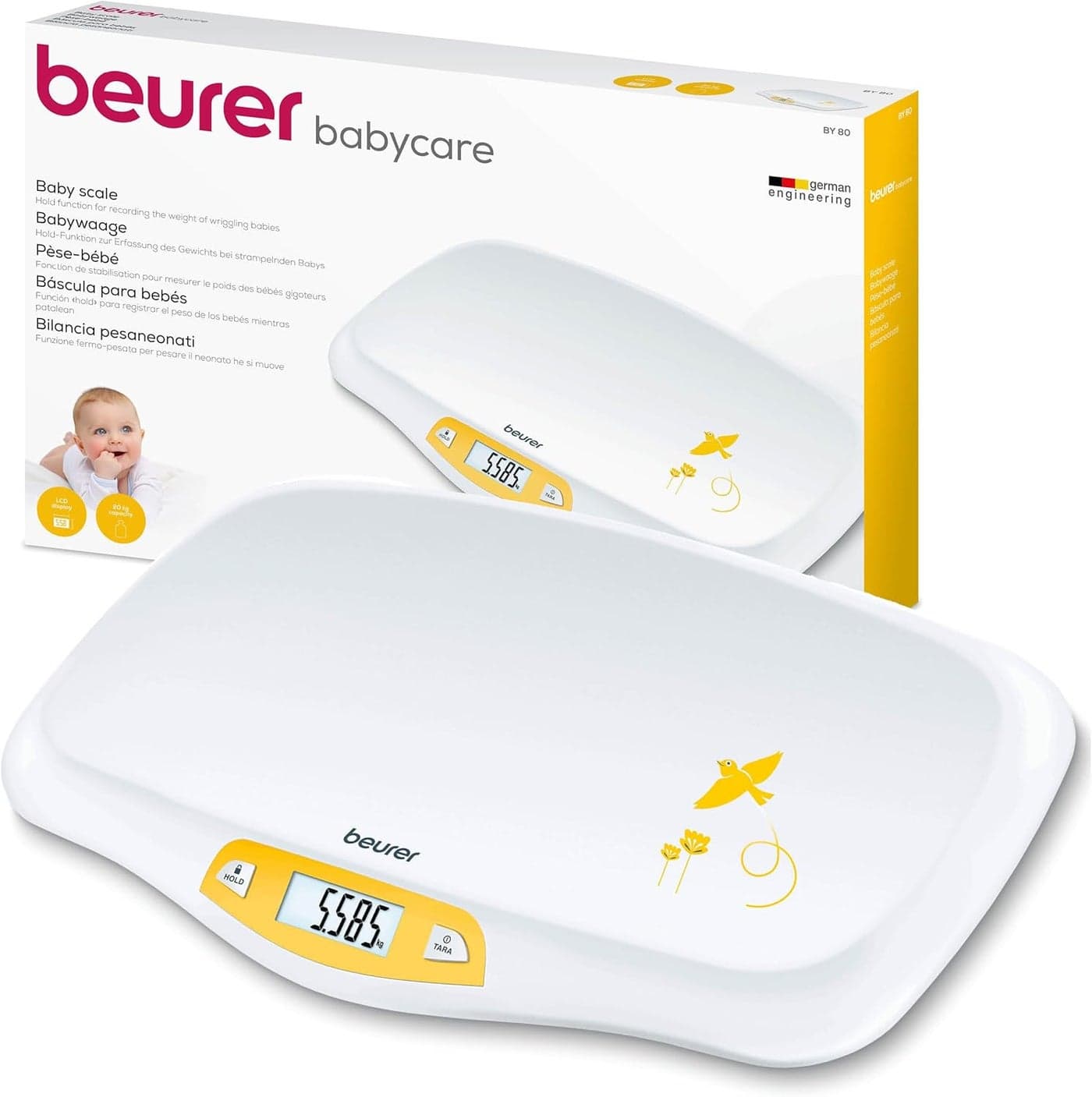 Beurer BY80 Baby Scale Digital baby weighing scale with large LCD screen Curved platform for comfort and safety Tare and hold functions for easy weighing 20kg load capacity Easy wipeclean