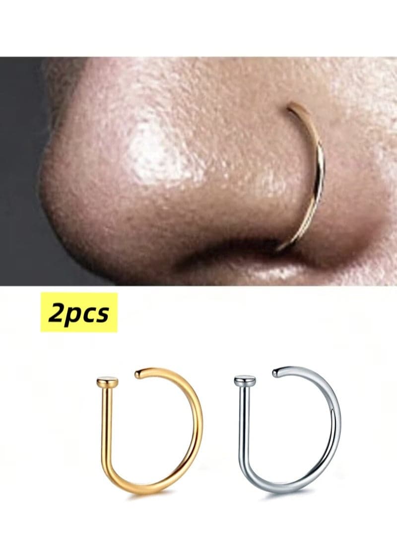 2PCS Women Fake Nose Piercing Circle Nose Piercing Fashion D-Shape Attractive No Piercing Nose Clip Stainless Steel Septum Piercing Body Jewelry