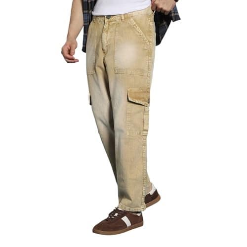 Urbano Fashion Men's Beige Loose Baggy Fit Washed Cargo Jeans with 6 Pockets Non-Stretchable (jeanlscargotowl-beige-30)
