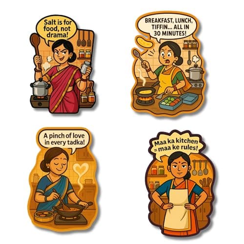 REGALOCASILA Indian Mom’s Kitchen Fridge Magnets – 4-Pack Funny Magnet Set – Tadka Quotes, Kitchen Rules, Fast Cooking, Drama-Free Salt – Magnetic Decor for Fridge, Almirah, Desi Food Gifting