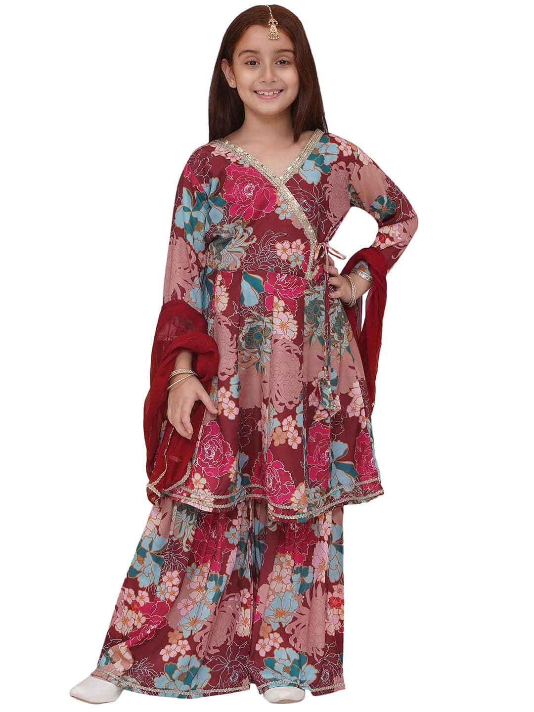 Preneum Girls's Cotton Rayon Printed Angrakha Kurta with Sharara & Dupatta, Maroon, 15-16 Years