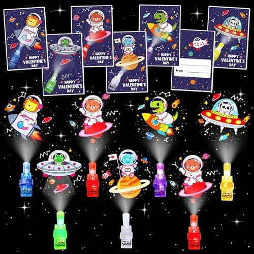 COKOKA Valentines Day Gifts for Kids 24 Pack Valentines Cards with Animal Astronauts Finger Lights Valentine Exchange Cards Gift Classroom Prize Party Favors School Rewards