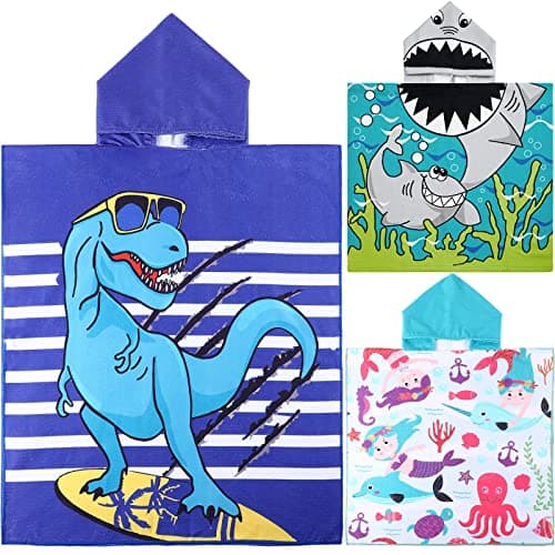 Chumia 3 Pack Kids Hooded Beach Poncho Towels Toddler Swim Pool Bath Towels with Hood Thicker Cotton Absorbent Cover up for Boys Girls Baby(59 x 30 Inch,Shark, Dinosaur)